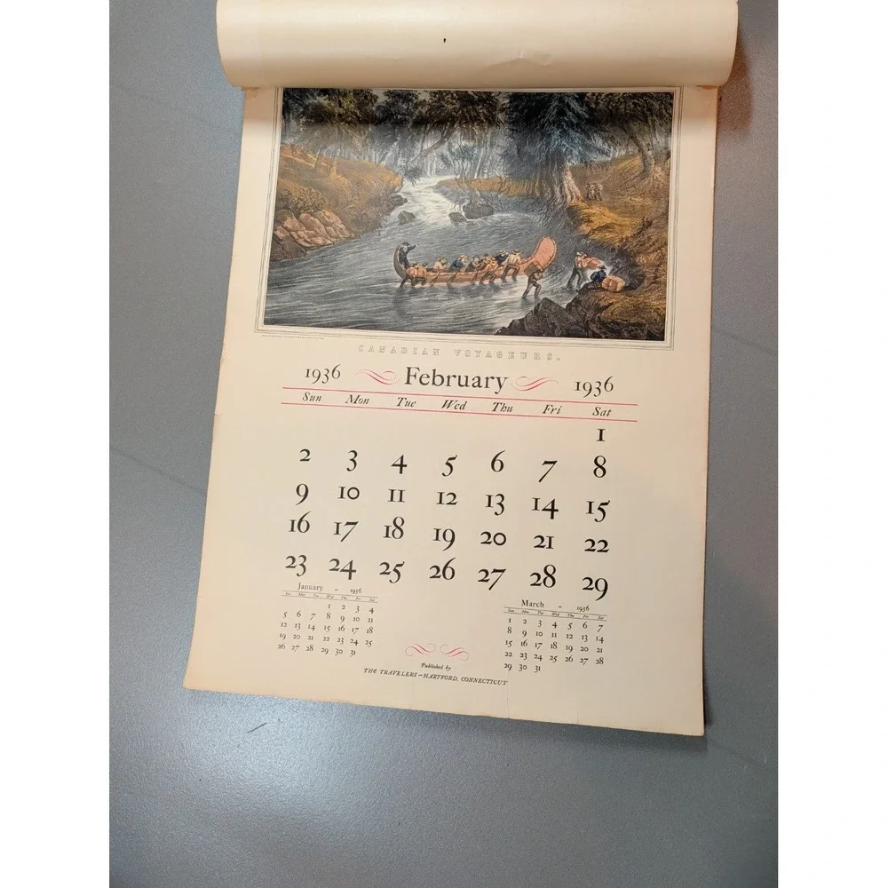 Vintage 1936 The Travelers Insurance Currier &‎ Ives Wall Calendar Hartford CT